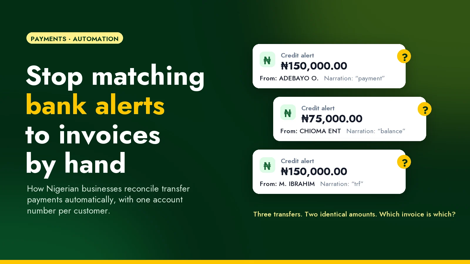 Three bank credit alerts, two for the same amount, with narrations like "payment" and "trf": which invoice is which?