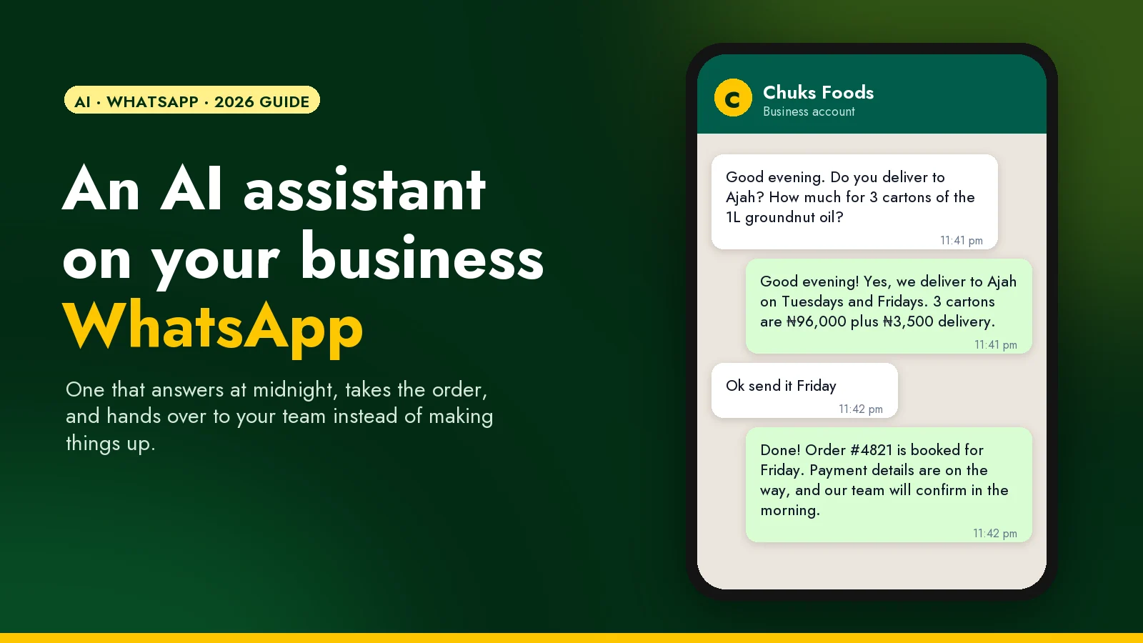 A WhatsApp chat at 11:41 pm: a customer asks about delivery to Ajah and the price of three cartons, and an AI assistant answers with the delivery days and the total, then books the order for Friday.